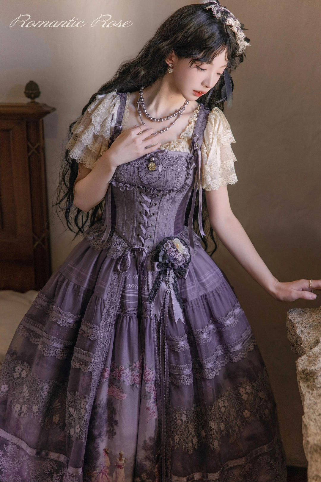 ZUOlanrichen~Romantic Rose~Classic Lolita Shirt with Puffy Sleeves Sheer Skirt Overlay