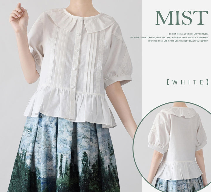 MIST~Spring Retro~Cotton Kawaii Lolita Shirt with Ruffled Neck and Lace Detail (L M S XL) 42777:753217