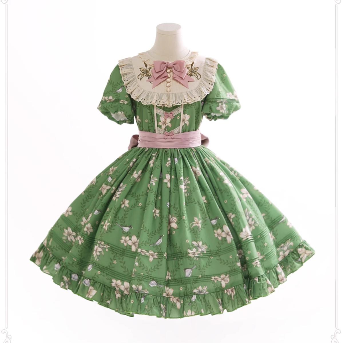 Dark Star Island~Lily&Mountain Breeze~Lily Printed Embroidery Lolita Long/Short OP S Short OP in green 