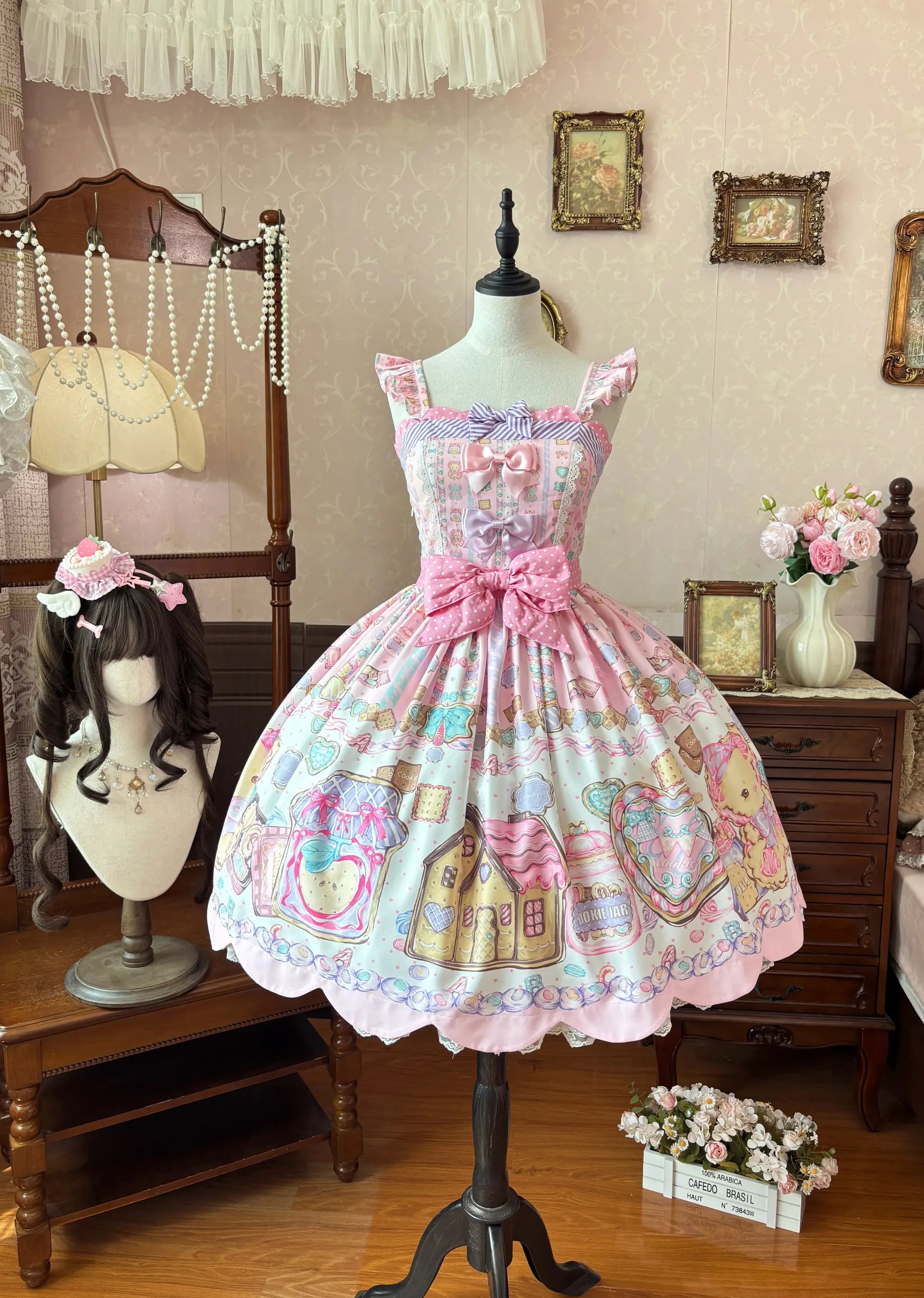 Sugar Frost Cookie - Old School Lolita Bear Dessert Printed JSK Dress (L M S XL) 45661:857395