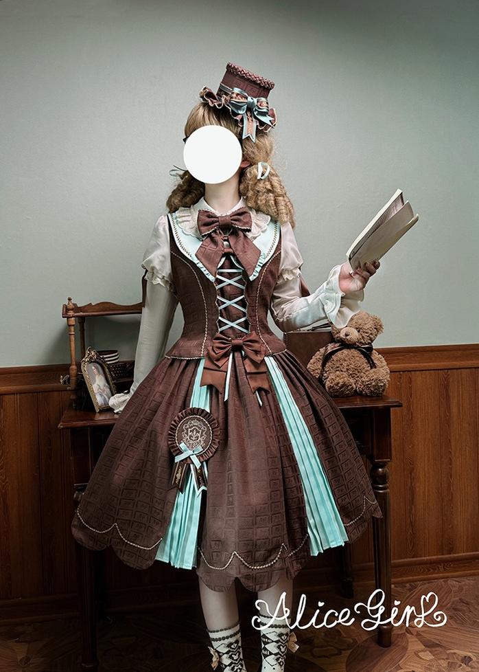 Alice Girl - Bear Chocolate Slab - Classic Lolita Pleated JSK & SK Dress, Side Zipper