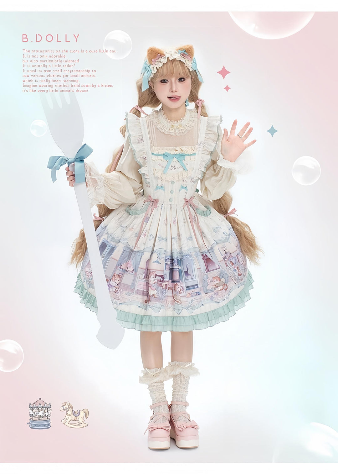 Baduoni~Dream Core Childhood~Kitty Printed Sweet Lolita JSK with Cute Headband