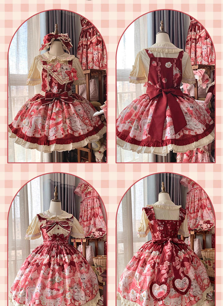 Mewroco~Strawberry Cat~Sweet Lolita Dress Suit JSK and Salopette with Cat Prints