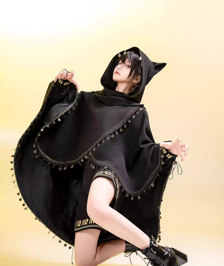 Princess Chronicles~Black Cat~Black Ouji Lolita Cape with Cool Cat Ear Hood