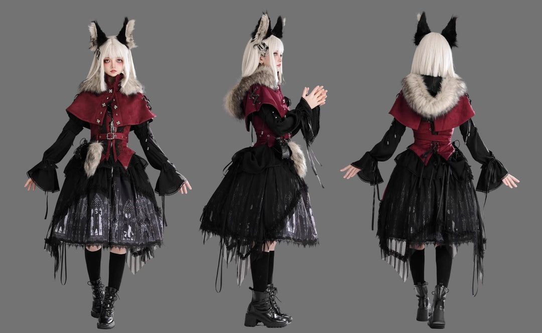 Wuyuzhe~Wolf Hunter~Gothic Lolita SK Set Halter Overskirt Cape Vest   