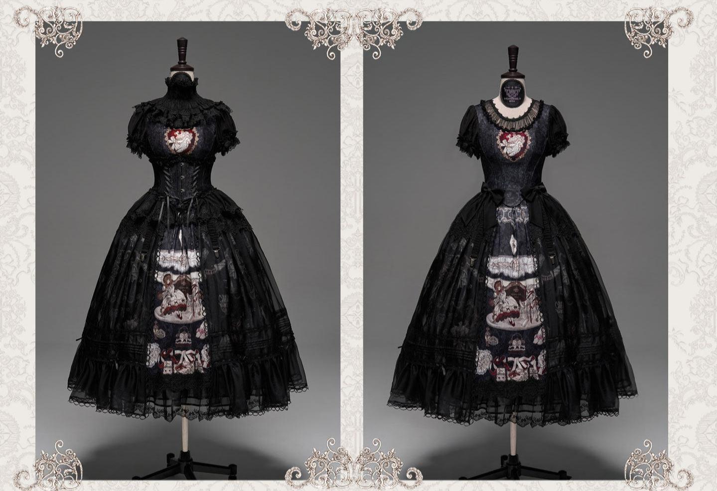 Clockwork Doll - Gothic Lolita Printed Dress, Lace & Bows 45186:839369
