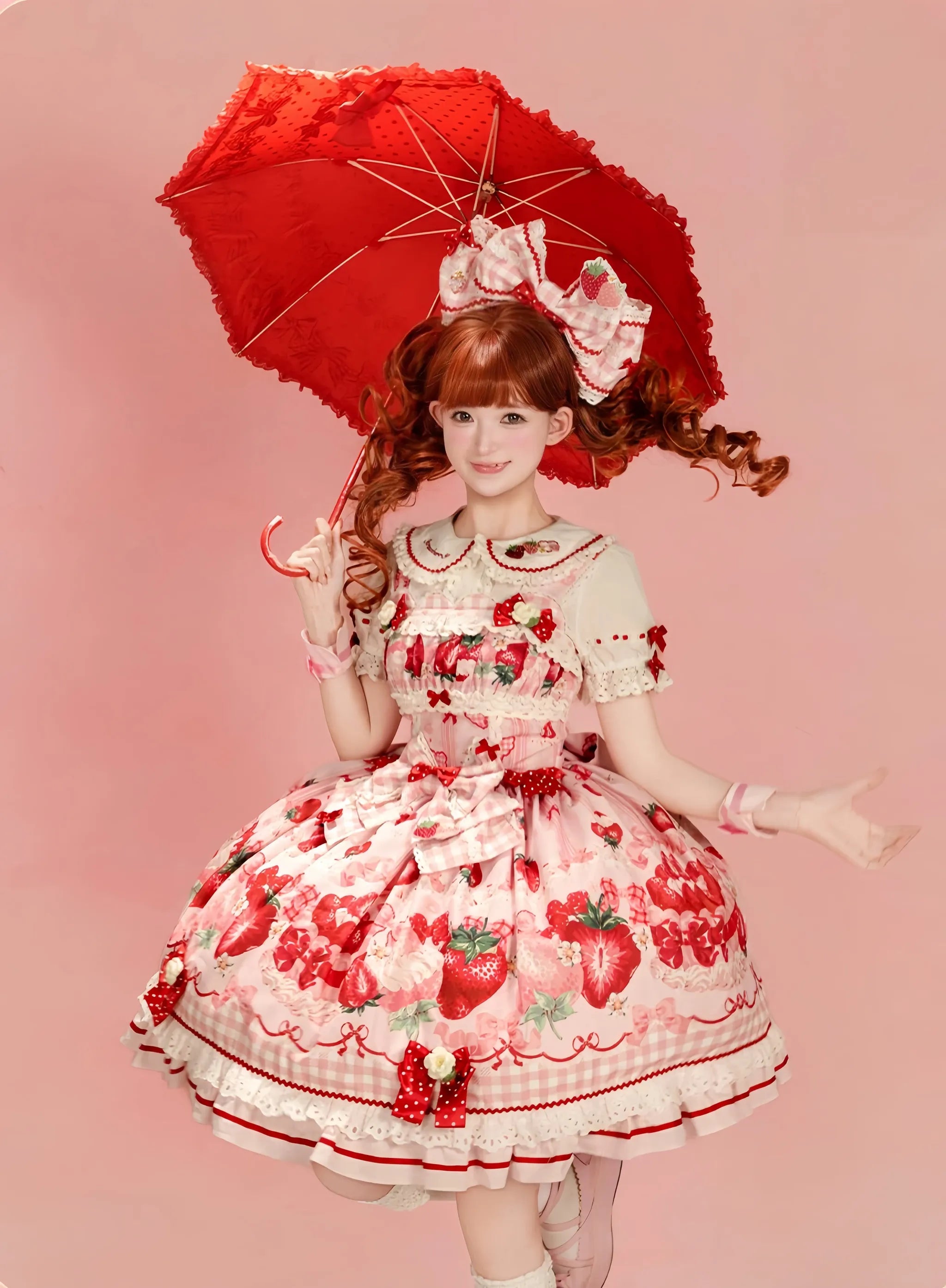 Strawberry Festival - Cotton Sweet Lolita JSK Dress with Strawberry and Cream Print (Pink / L M S XL) 45735:860385