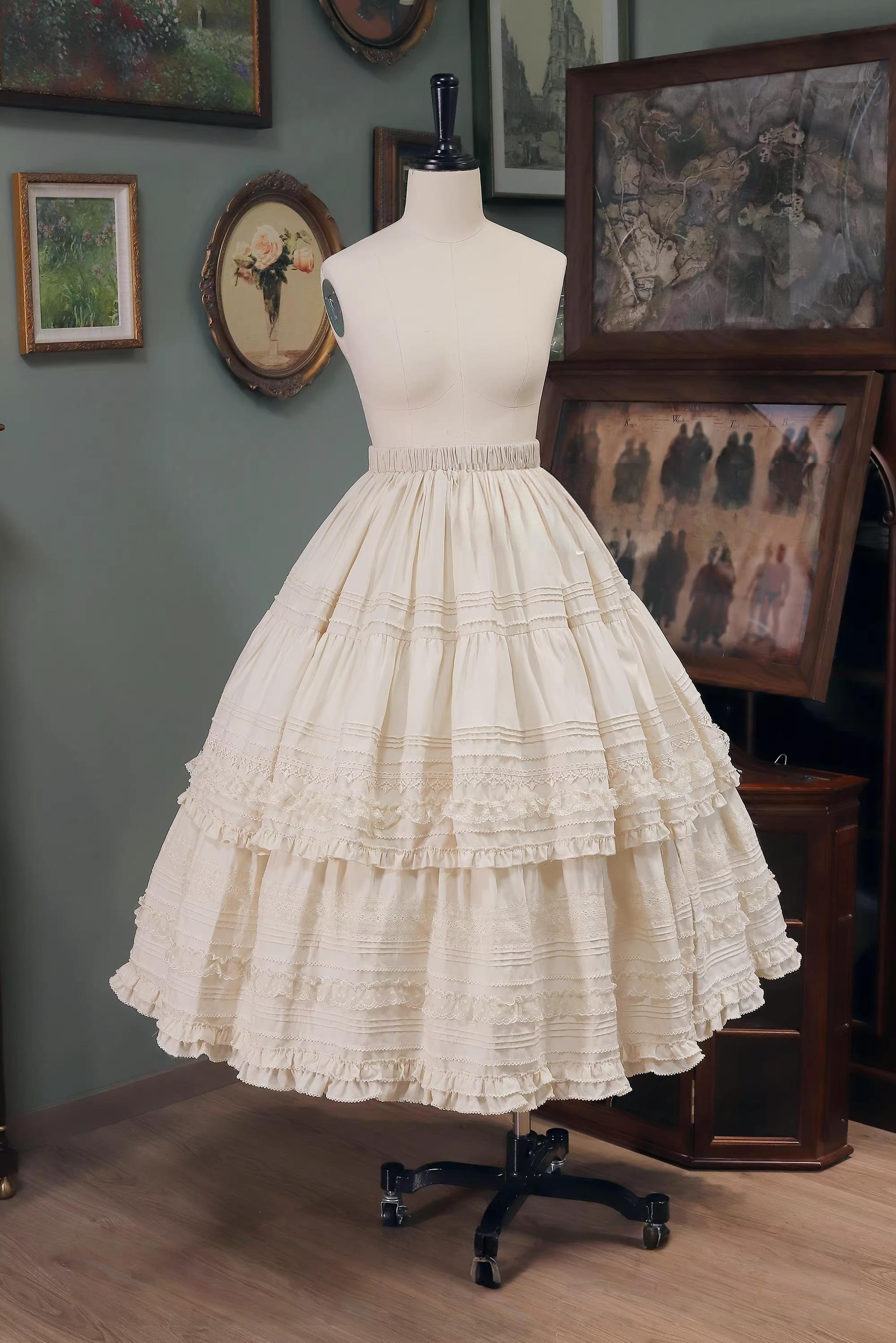 Marguerite Daisy - Classic Lolita Cotton Lining Skirt, Side Pocket Light Apricot with Apricot Lace Skirt Only S