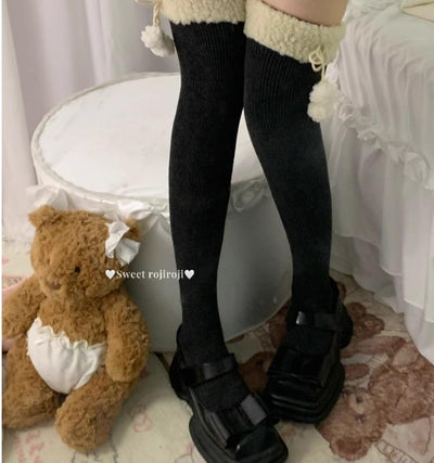 Roji Roji~Winter Fuzzy Ball Lolita Socks Over Knee Thick Socks Free size Black (over-the-knee socks)-60cm 