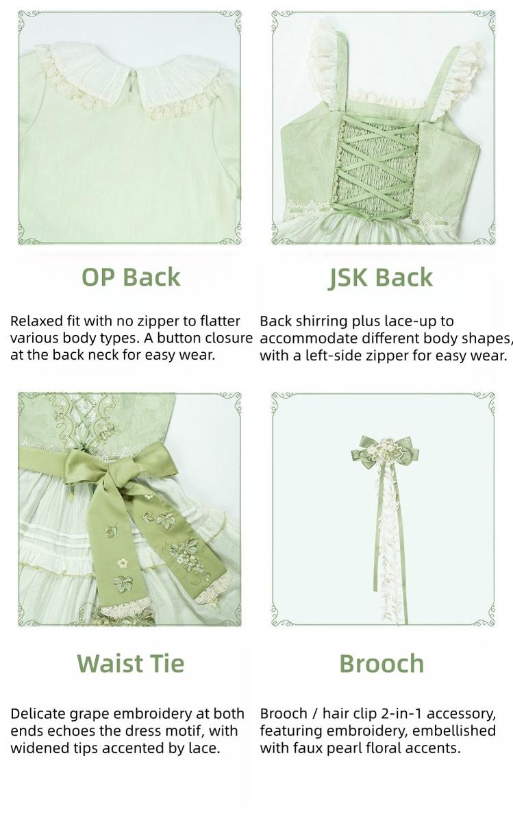 Green Grape - Embroidered Country Lolita OP Dress, Tiered JSK