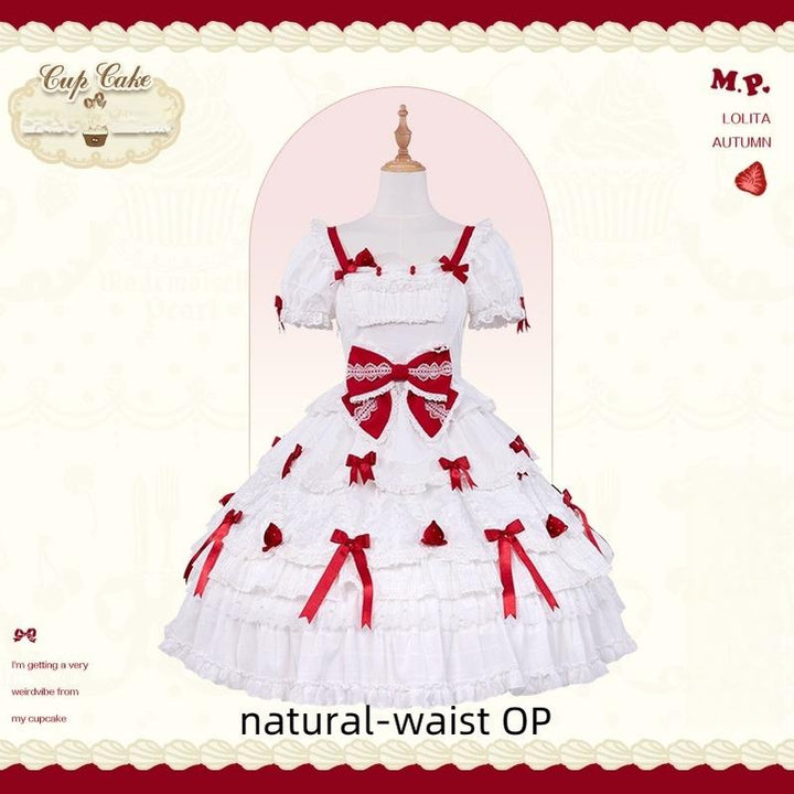 Mademoiselle Pearl - Cup Cake - White, Red Bow, Sweet Lolita Dress Set (F L M S XL XS) 43333:773906