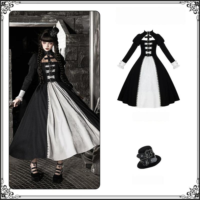 Klein - Black and White Gothic Lolita OP Dress Set, Metal D-rings (L M S) 45996:871476