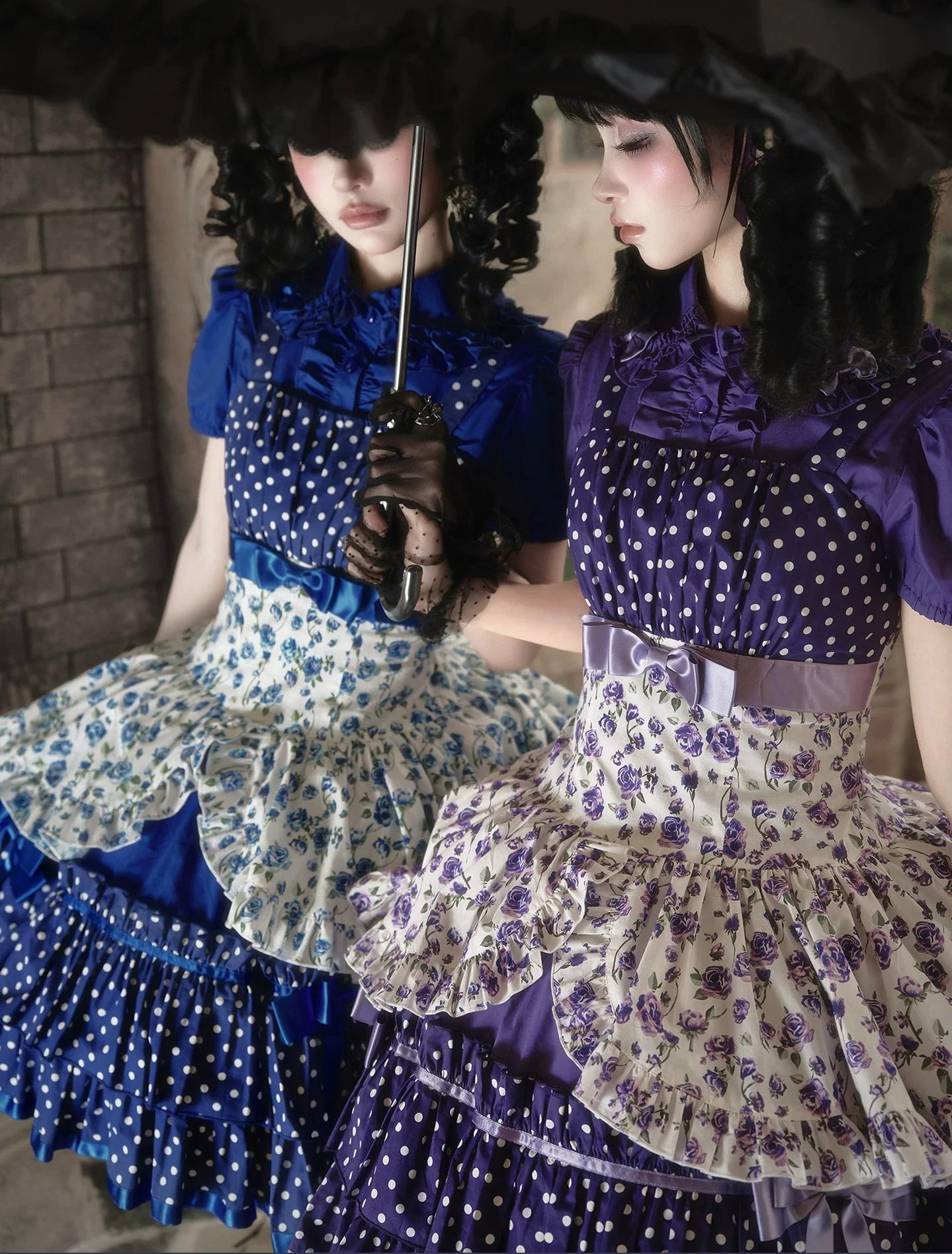 Libobo - Cotton Old School Lolita JSK Dress, Polka Dot & Floral Print 45878:866124