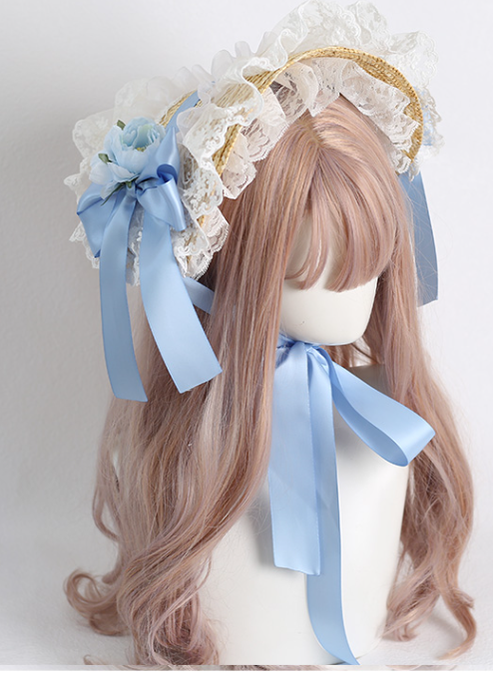 Xiaogui~Sweetie Zhi Fan~Country Lolita Lace French Straw Hat no restriction on head circumference, with fixing clip light blue 