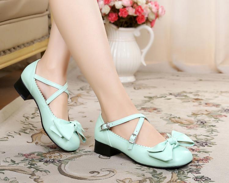 Sosic~Bow and Low Heel Cross Band Lolita Leather Shoes   