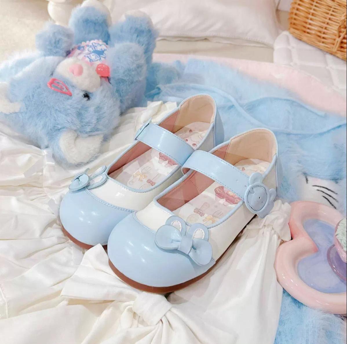 Bunny Milk Candy - Kawaii Lolita Flat Shoes, 3D Bunny Ear Bow