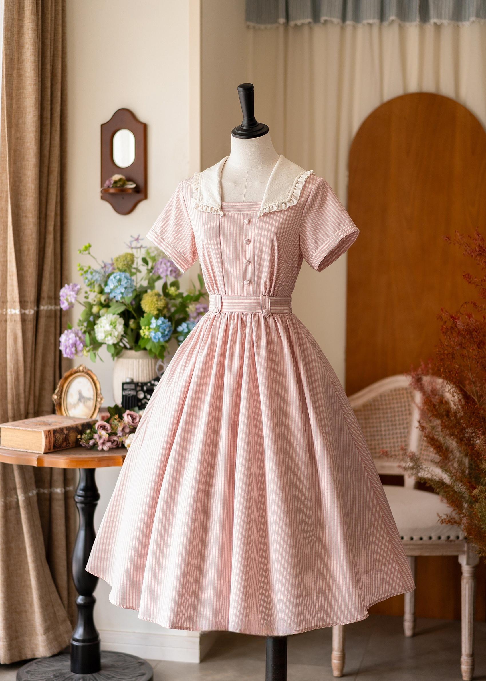 Endless Forest - Summer Striped Classic Lolita OP Dress, Short Sleeve Pink S In Stock
