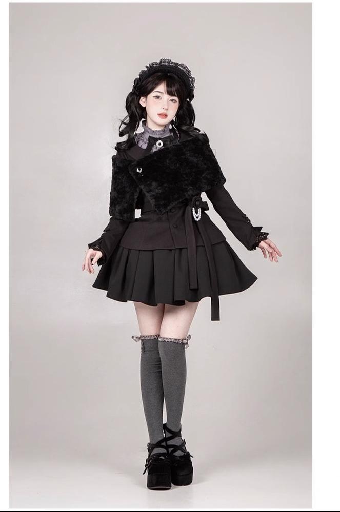 With PUJI~Old Testament~Classic Lolita Coat Black Plush Lolita Cape and Brooch