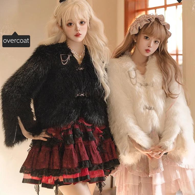 Urtto~Snow Song~Winter Lolita Coat Faux Fur Warm Plush Set   