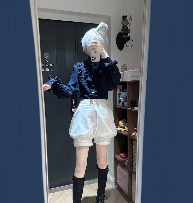 Fallen Holy Star - Ouji Lolita Ruffled Chiffon Blouse & Cape Set, Elastic Shorts 45816:863693