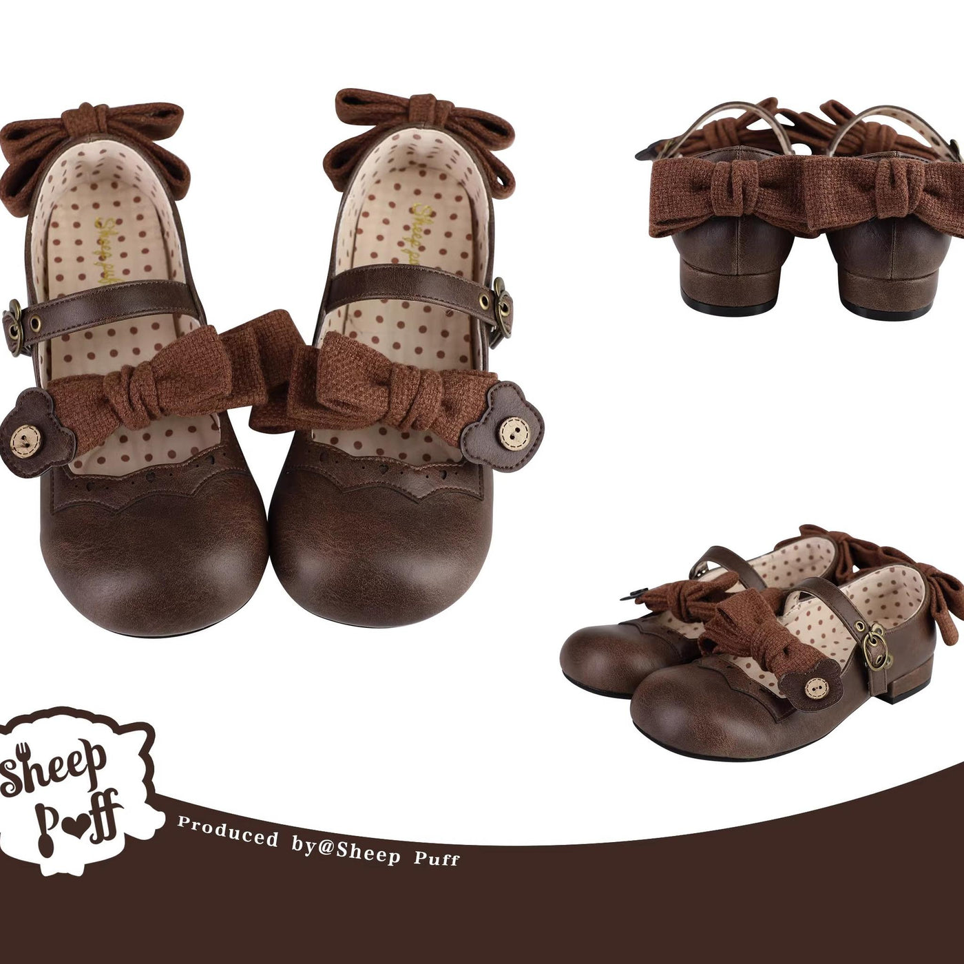 Sheep Puff~Bear Room~Sweet Lolita Shoes Double Bow Round Toe Flat Shoes dark brown 34 