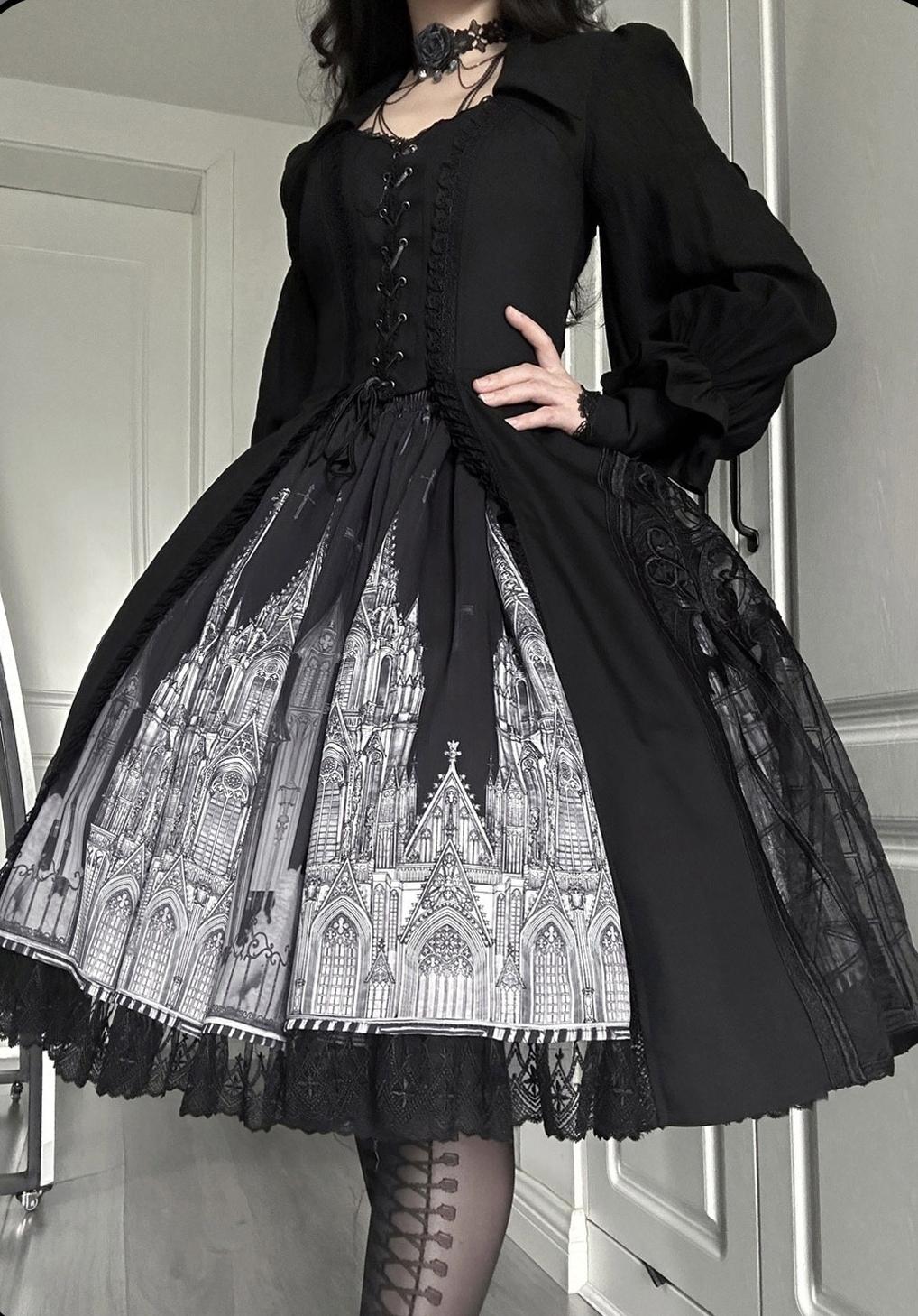 Susin Lolita~Night Traveler~Gothic Lolita Skirt Outfit Long Coat Shirt and Bustier Set