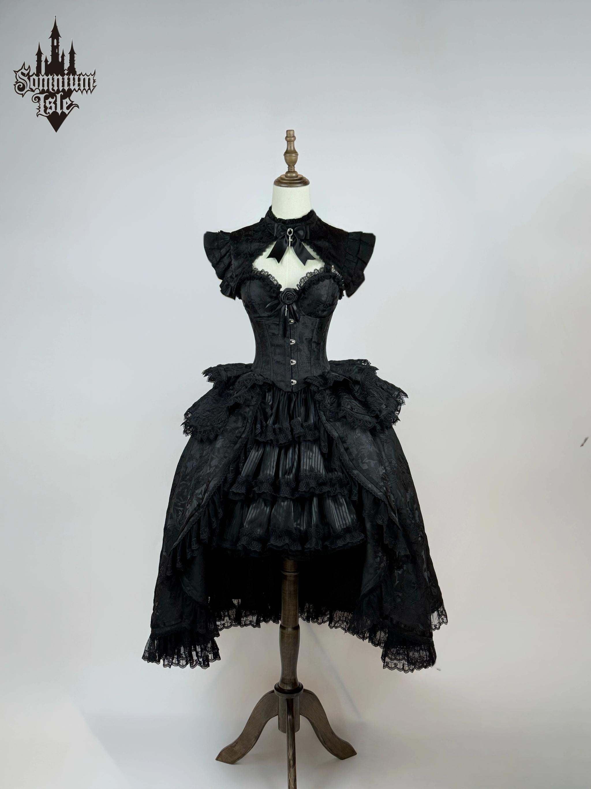 Dawn Sacrament - Striped Jacquard Gothic Lolita SK Dress, Boning Bodice Black 3-Piece Set - Long XS