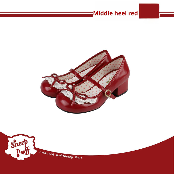 Sheep Puff~Young Layla~Vintage Lolita Shoes Low Heel Butterfly Shoes 34 Red - mid heels 