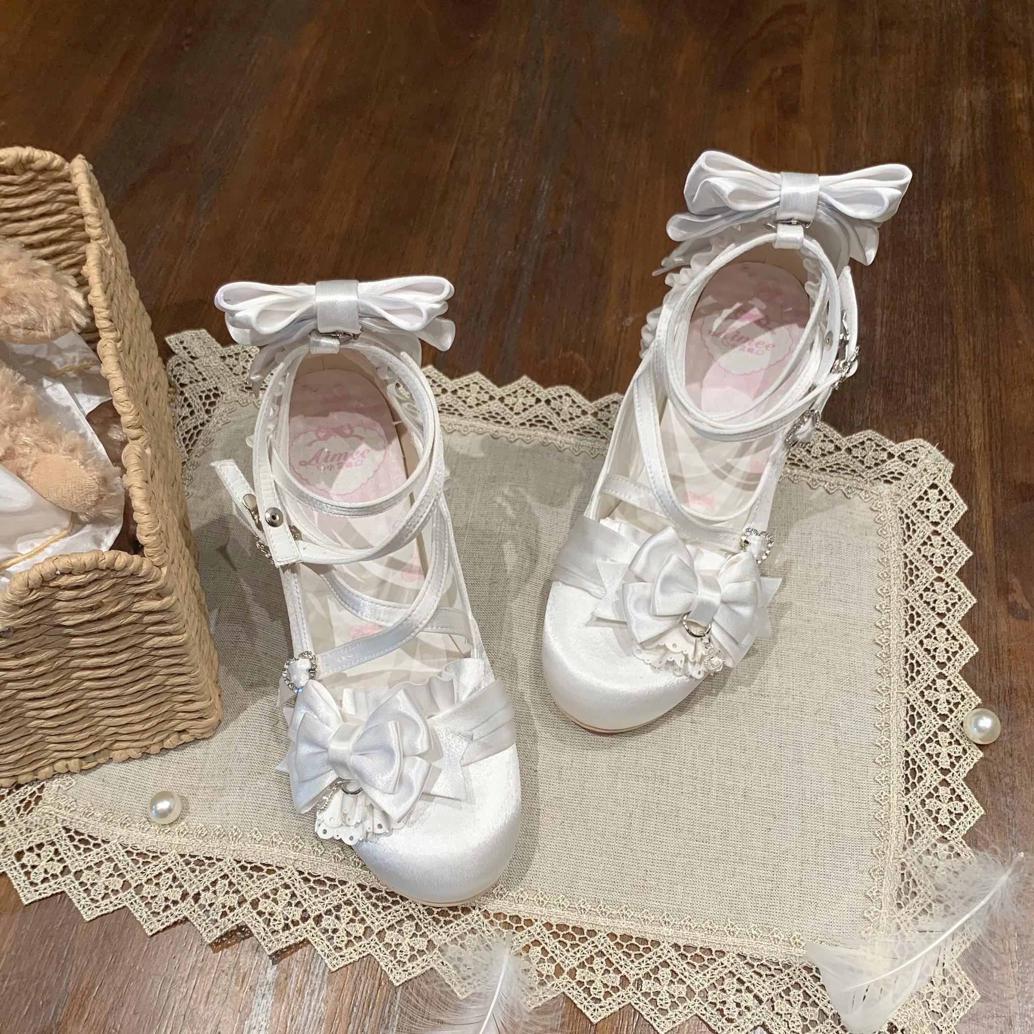 Thousand Knots - Classic Lolita Satin Heels Shoes, Bow-shaped Heel White 34