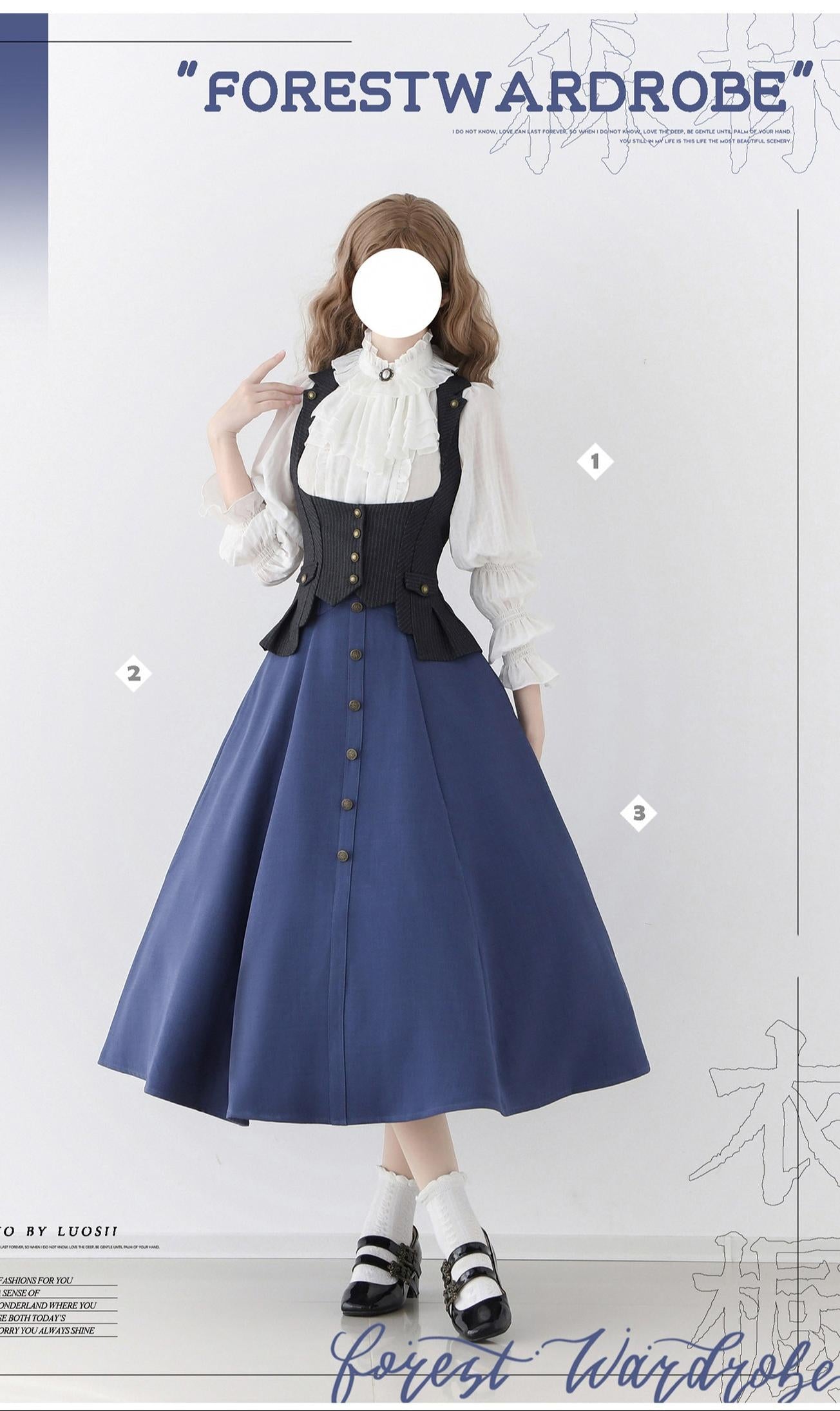 Misty Forest - White Classic Lolita Long Sleeve Blouse, Detachable Jabot