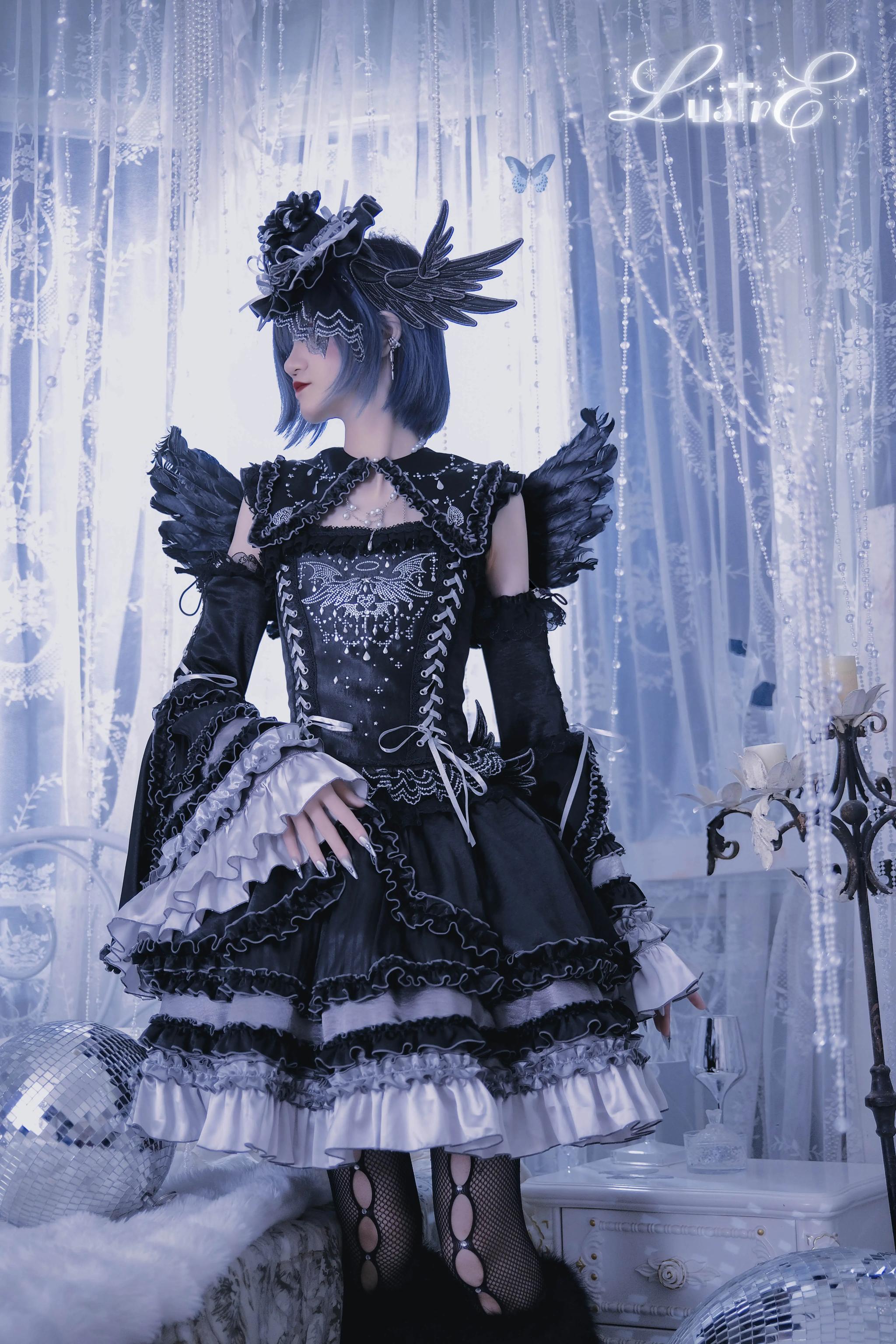 LustrE - Metallic Angel Black - Gothic Lolita Rhinestone Top & Ruffled Skirt Set 43991:791125