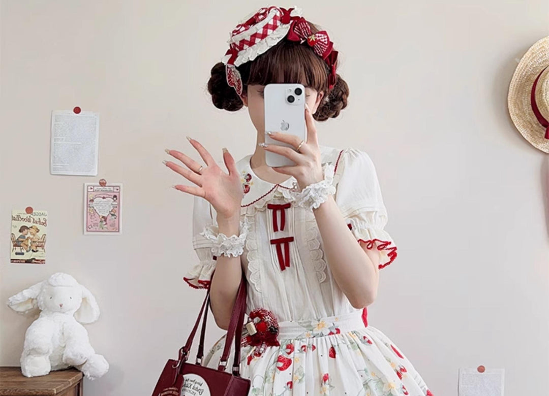 Baozizhu~Sweet Lolita Shirt Strawberry Embroidery Ivory Blouse