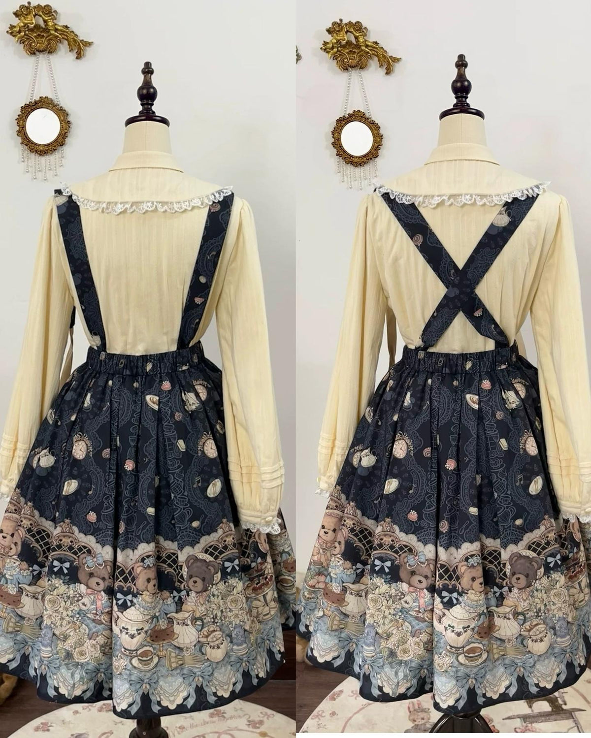 Bear's Tea Party - Kawaii Vintage Lolita Suspender Skirt, Bear Print 46007:871909