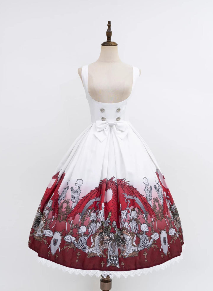 Nn Star - Dragon Bone Lily - Bone Printed Bust-Supporting Gothic Lolita JSK White and Red JSK S