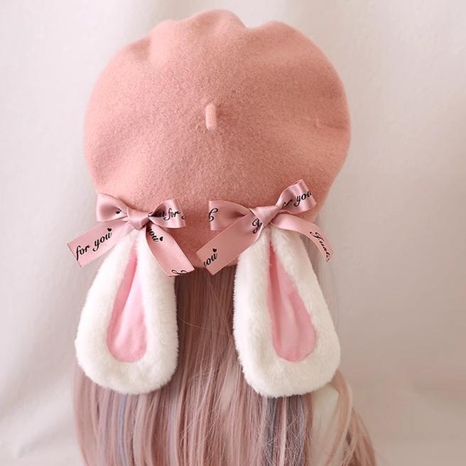 Xiaogui - Winter Lolita Beret Cute Pink Woolen Beret Lolita Hat M (56-58 cm) Letter Bowknot