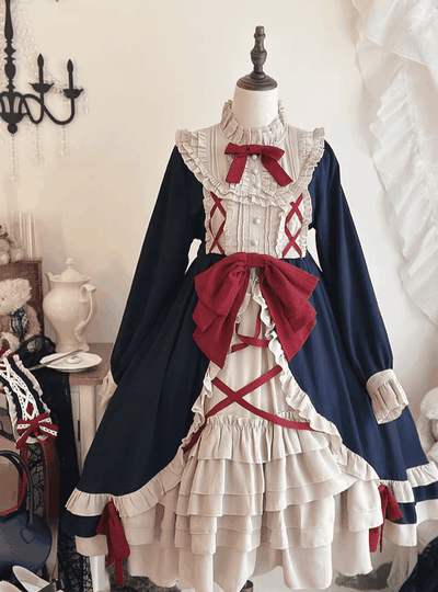 Niu Niu~Plus Size Lolita OP Dress Halloween Retro Daily Dress L Navy blue 