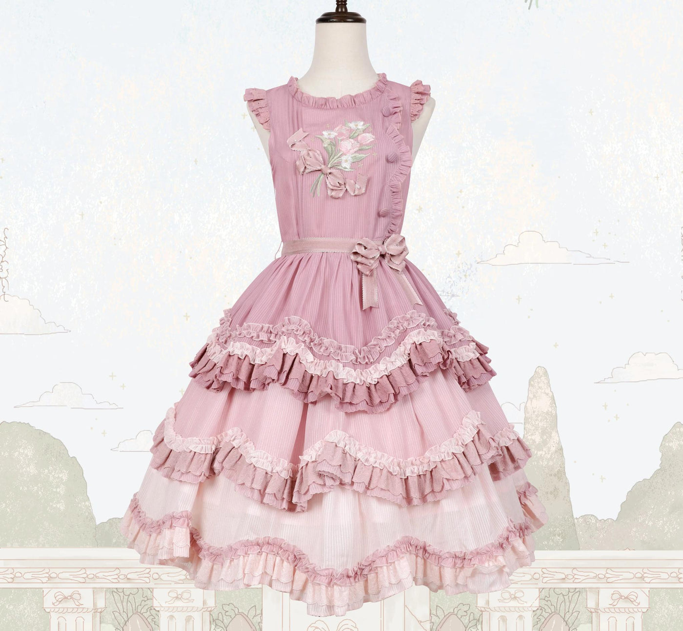 LittlePlum~Iukami Flower~Gradient Kawaii Lolita OP Dress Summer JSK S JSK Short Version · Pink 