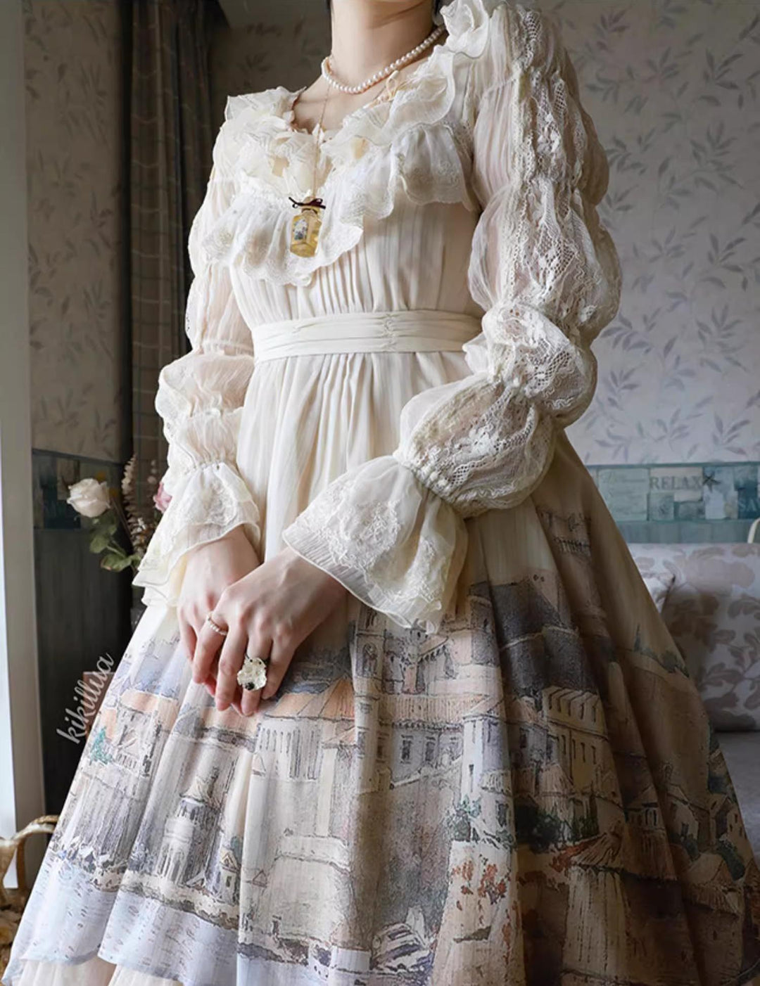 Forest Song - Adriatic - Classic Lolita JSK Chiffon Dress, Gulf City Print