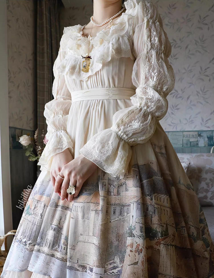 Forest Song - Adriatic - Classic Lolita JSK Chiffon Dress, Gulf City Print