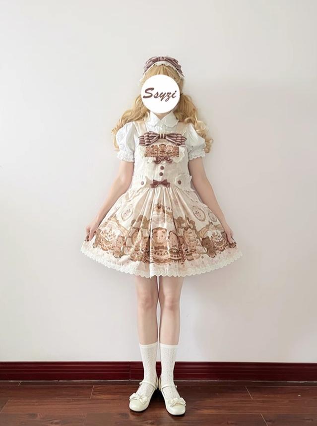 Akiyama Future Studio~Cute Lolita Salopette Dress Bear Print   