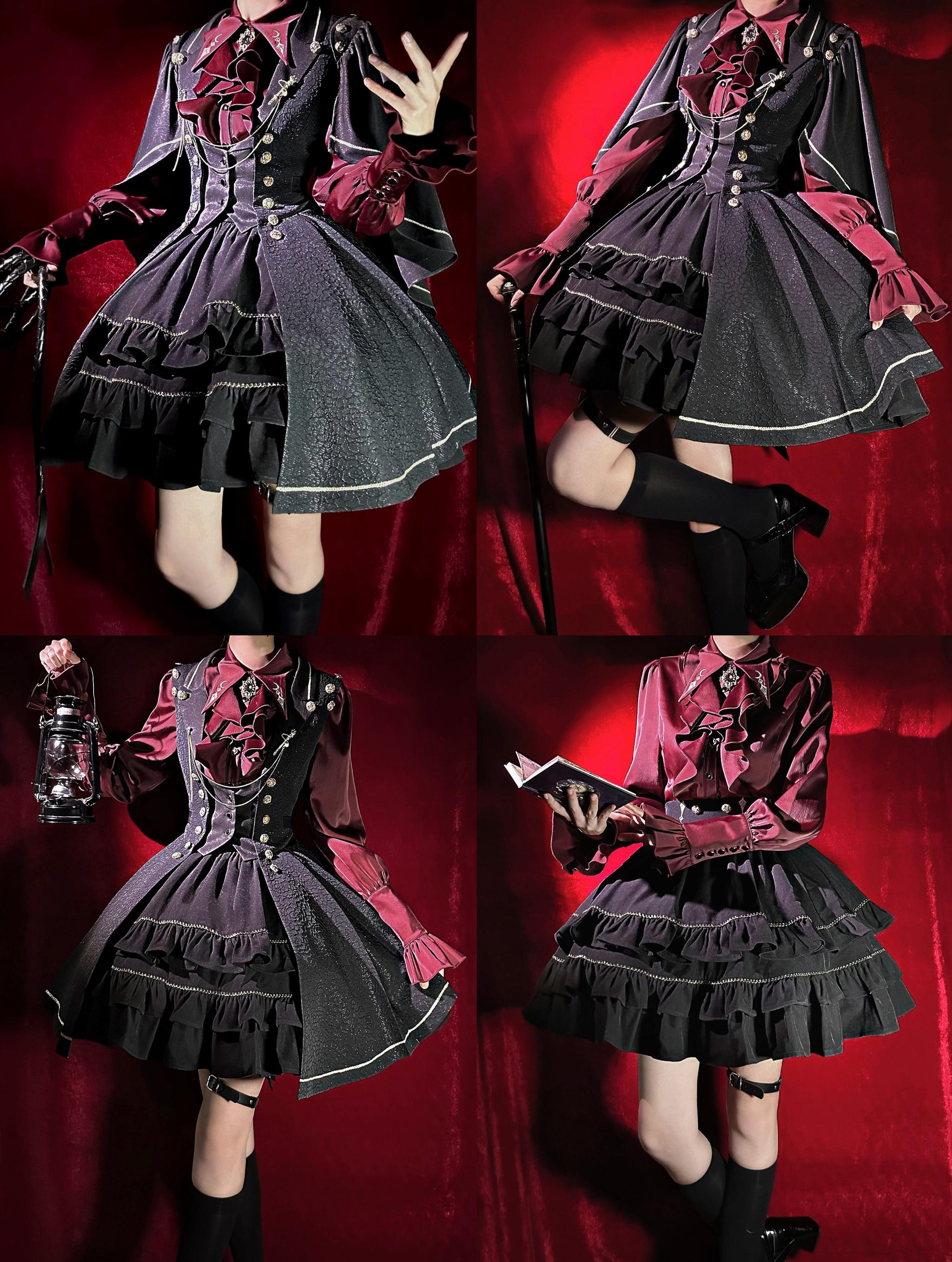 Fallen Moon Code - Retro Military Lolita Capelet-Sleeve Set: Vest, Skirt & Pants