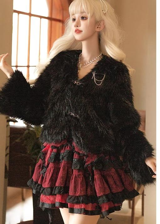 Urtto~Snow Song~Winter Lolita Coat Faux Fur Warm Plush Set   