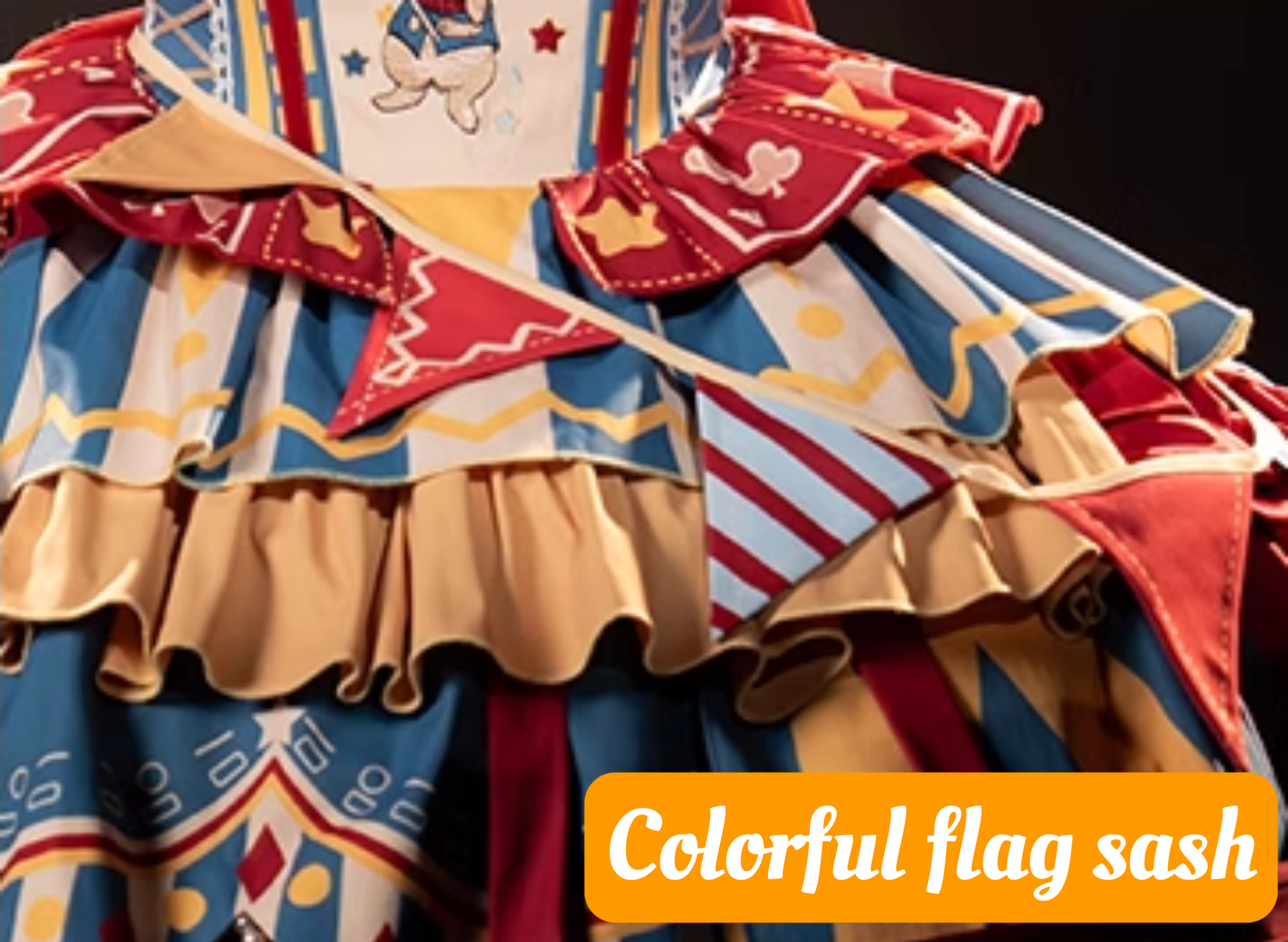 Circus Fairy Tale Opener - Doll-Like Kawaii Lolita Dress S Red, yellow and blue color scheme Colorful flag sash (one size / choose M)