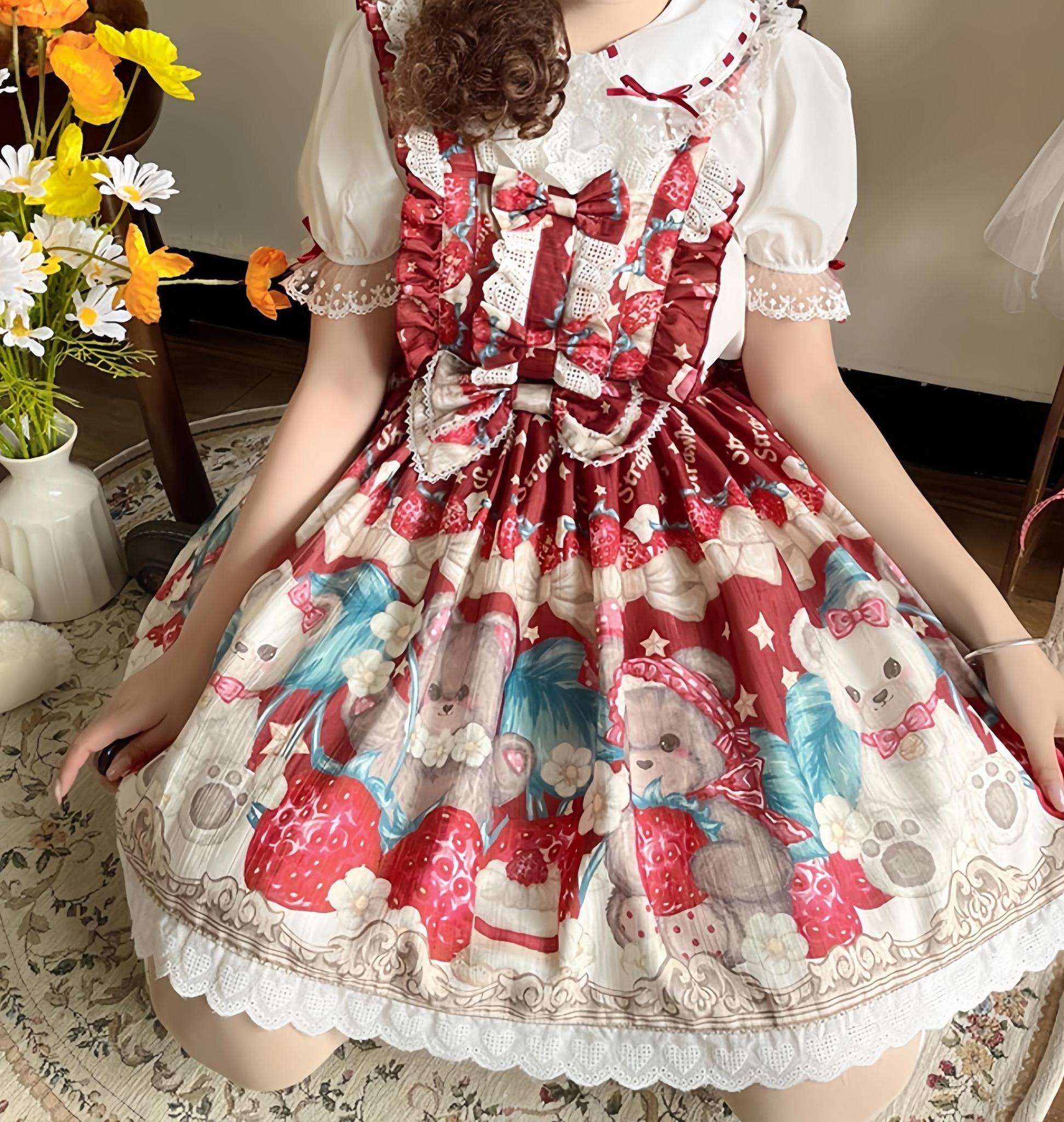 Bearberry Pastry Chef - Kawaii Lolita Salopette Dress, Bear & Strawberry Print Burgundy S