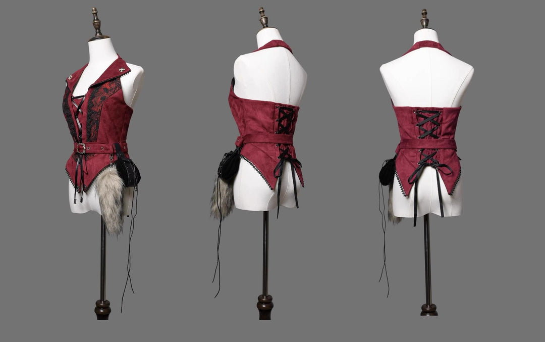 Wuyuzhe~Wolf Hunter~Gothic Lolita SK Set Halter Overskirt Cape Vest S Red- Vest 