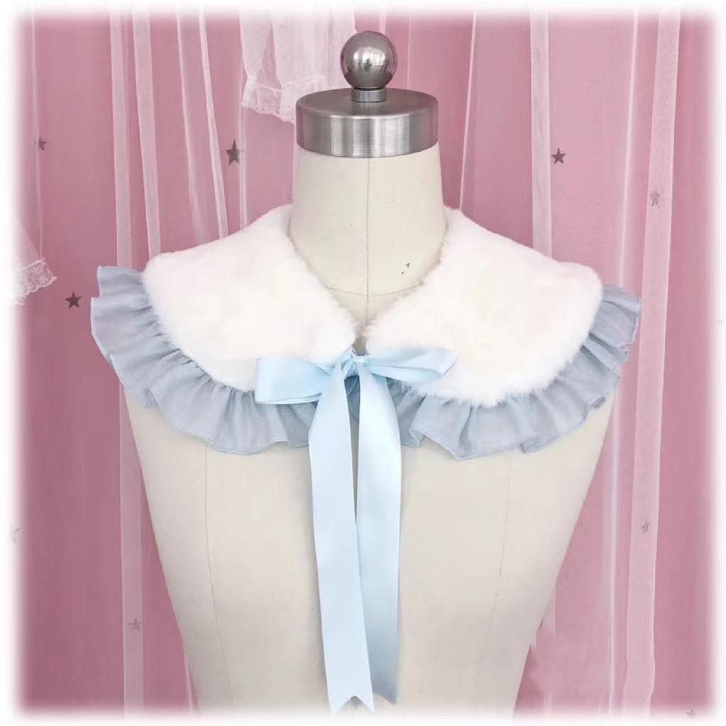 Candy Sweet - Winter Lolita False Collar Plush Bow Collar Scarf Baby Blue Lotus Leaf Edge