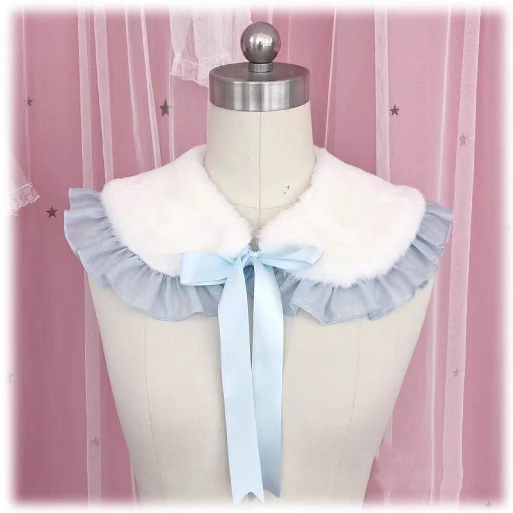 Candy Sweet~Winter Lolita False Collar Plush Bow Collar Scarf Baby Blue Lotus Leaf Edge  