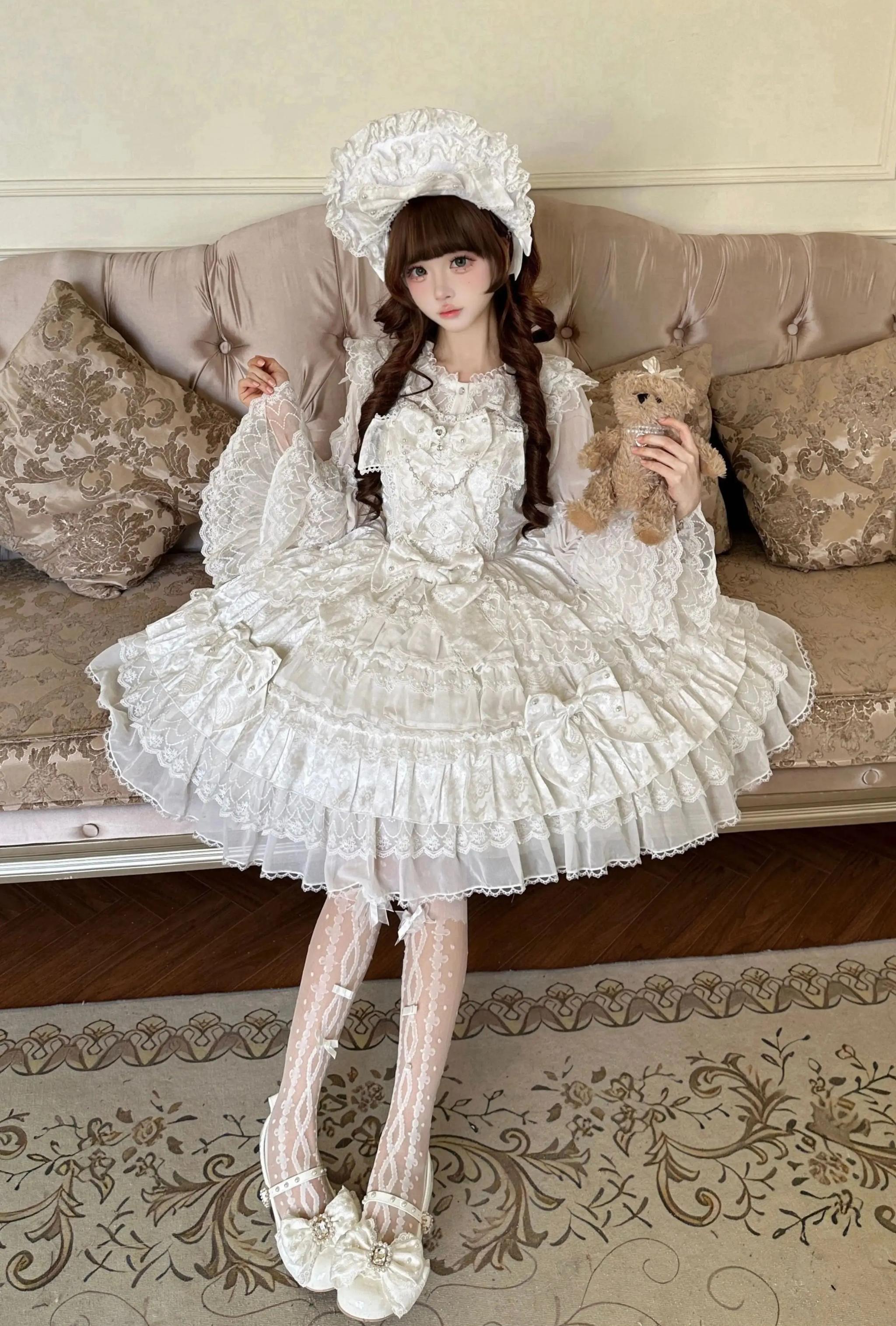Slumbering Pearl Curtain - Sweet Lolita JSK Dress, Pearl Bows and Layered Lace 45780:862504