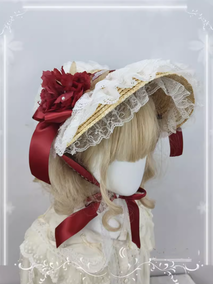 Cocoa Jam~Country Lolita Bonnet Lace Flower Flat Cap Multicolors Customized 36112:524732
