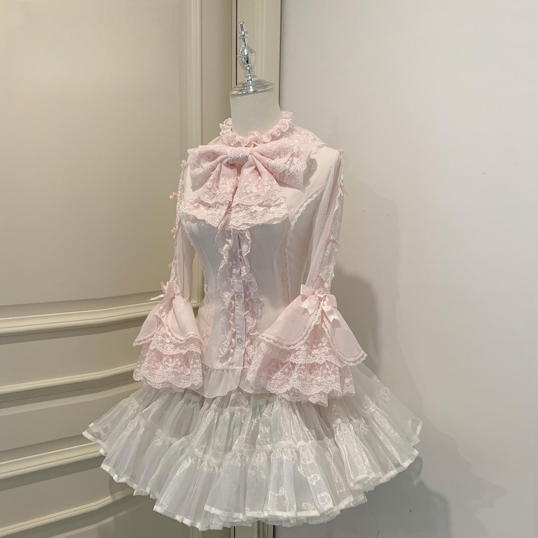Mengfuzi~Dream Paradise~Chiffon Sweet Lolita Blouse With Half Princess Sleeves Pink Shirt + Bow Tie S